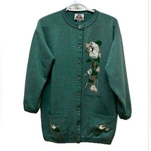Vintage Muskoka cardigan, crew neck, birds, nest & vines detail, green, S